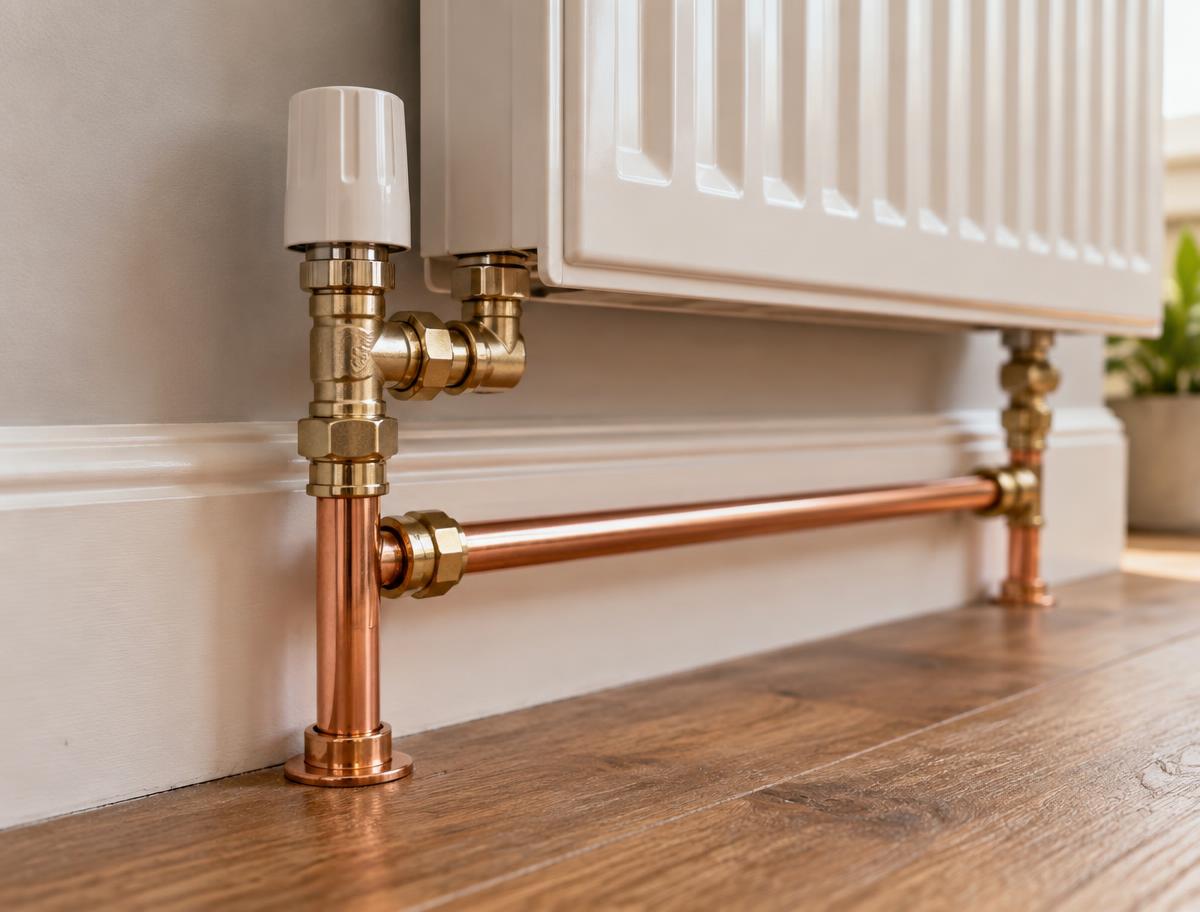 Neat copper pipework and brass fittings fitted under a radiator